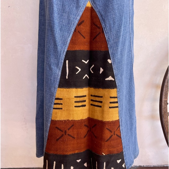 CUSTOM DENIM MAXI SKIRT Hand Made in South Africa Painted Woven Tribal Fabric 5 - Picture 3 of 12